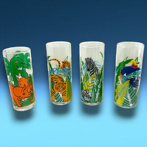 Vintage Lot 4 x Panache Jungle Animals Tumblers Highball Drinking Glasses READ